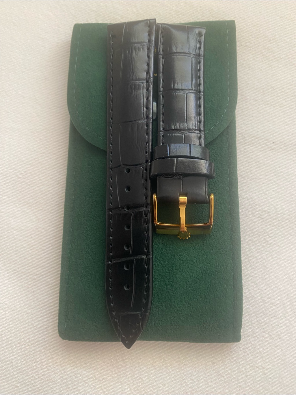 Black Leather Watch Strap With Gold Rolex Plate Buckle 20mm